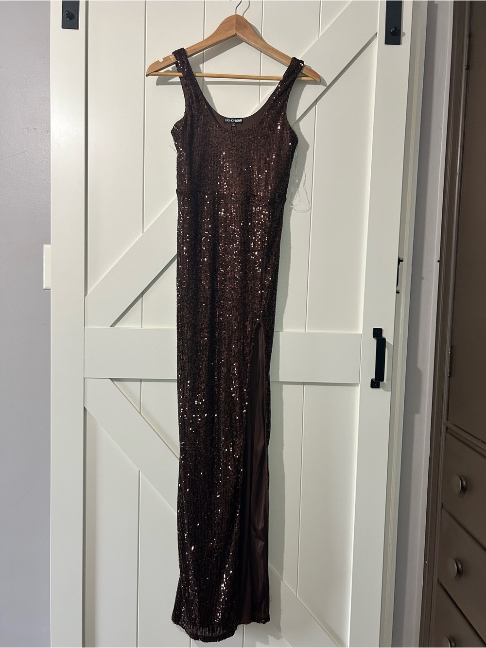 Fashion Nova Brown Sequin Maxi Dress with Side Slit